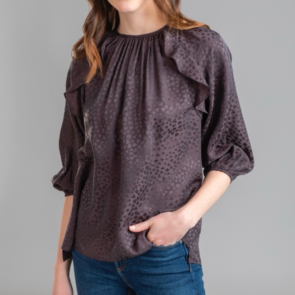Shoshanna Brown Silk Satin Animal Heart Print Ruffled Blouse Top